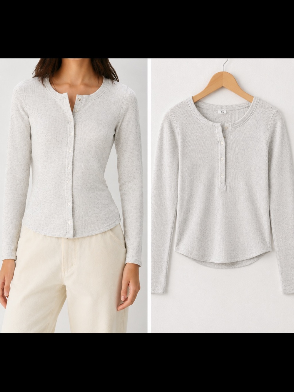 Aritzia Light Gray Button-Front Henley Top